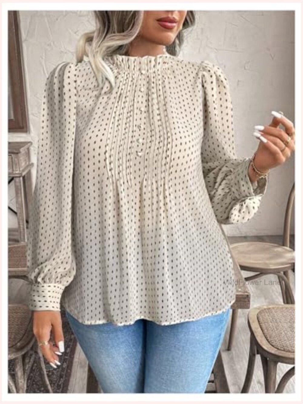 Plus Size Mock Neck Ruffle Blouse Long Sleeve Work Top - Picture 4 of 5